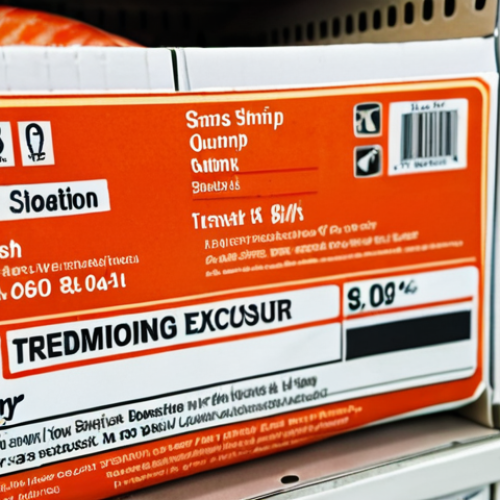 Home 4 **Prompt:** A close-up shot of a smart label on a package of fresh shrimp, displaying a warning notification of temperature excursion during transit. The background subtly shows a grocery store seafood section. Emphasis on the label and notification details.