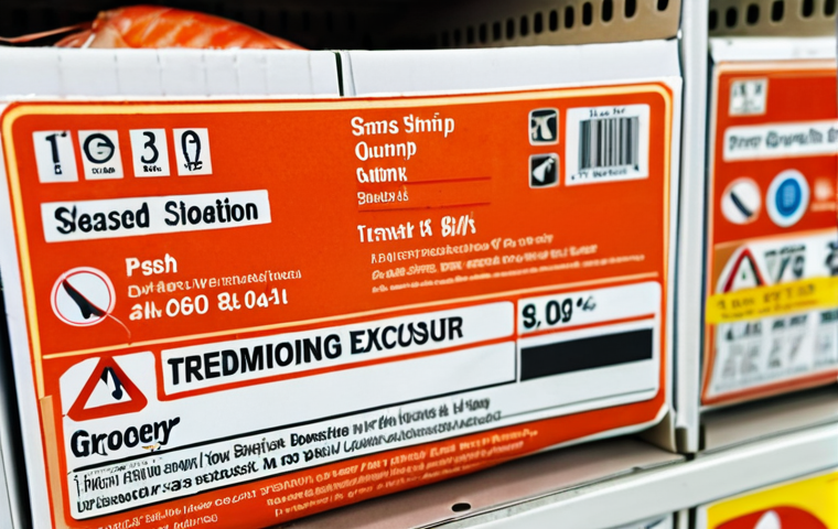 **Prompt:** A close-up shot of a smart label on a package of fresh shrimp, displaying a warning notification of temperature excursion during transit. The background subtly shows a grocery store seafood section. Emphasis on the label and notification details.