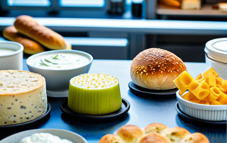 **

A vibrant, microscopic view of various microbes (bacteria, yeast, fungi) working on different food items like cheese, yogurt, and sourdough bread. The scene is brightly lit, showcasing the diversity and activity of the microorganisms. Include scientific elements like Petri dishes and lab equipment in the background, but keep it stylized and visually appealing. The food items should look delicious and inviting. safe for work, appropriate content, fully clothed (not applicable but included for safety), professional, perfect anatomy (not applicable), natural proportions (not applicable), high resolution, detailed, food photography.

**