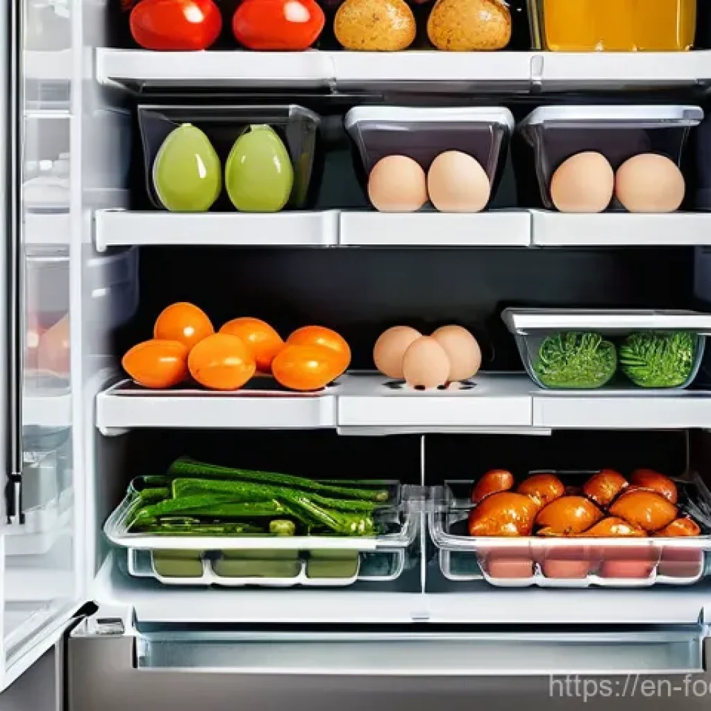 식품위생과 안전 - **Prompt:** A pristine, well-organized modern kitchen refrigerator interior, with bright, even light...