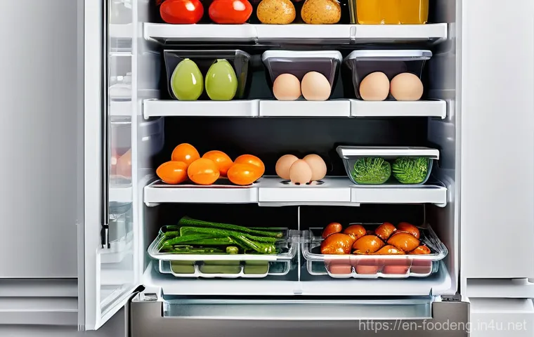 식품위생과 안전 - **Prompt:** A pristine, well-organized modern kitchen refrigerator interior, with bright, even light...