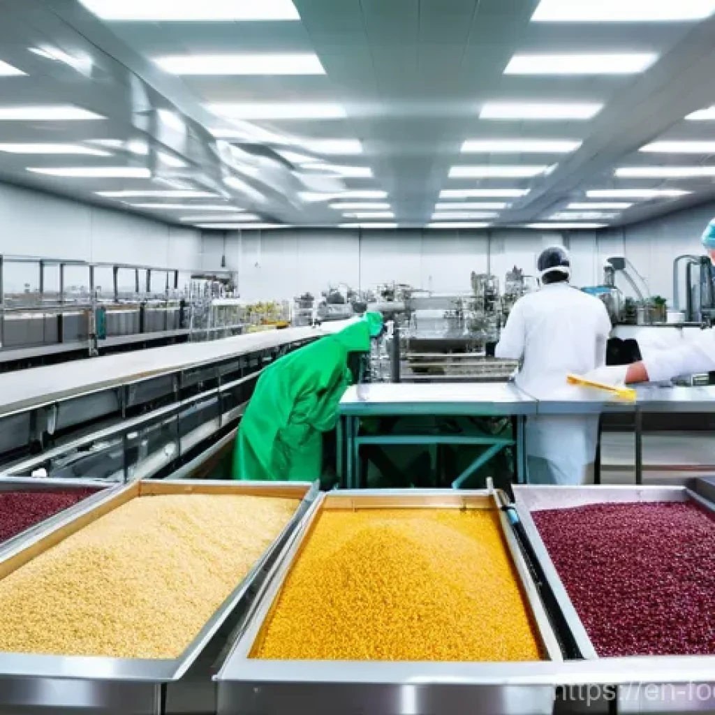 식품 가공 폐기물의 업사이클링 - **Prompt:** "A brightly lit, modern food processing facility. In the foreground, neatly separated pi...