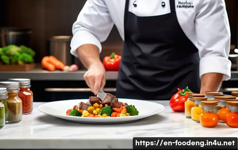 식품첨가물 종류와 역할 - A vibrant kitchen scene showing a chef carefully seasoning a gourmet dish with a variety of natural ...