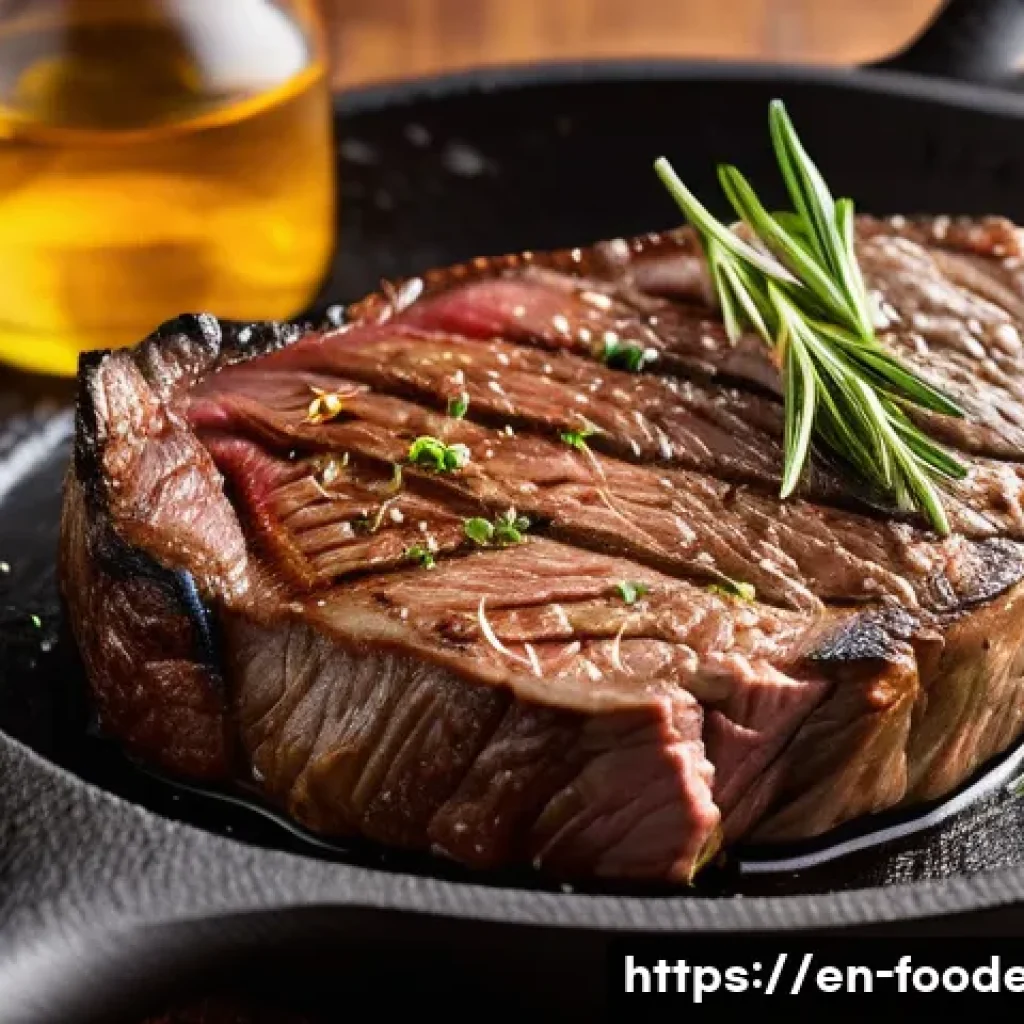 식품화학 기초 - A close-up, hyper-realistic image of a perfectly seared steak on a cast iron skillet, showcasing the...