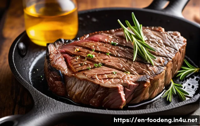 식품화학 기초 - A close-up, hyper-realistic image of a perfectly seared steak on a cast iron skillet, showcasing the...