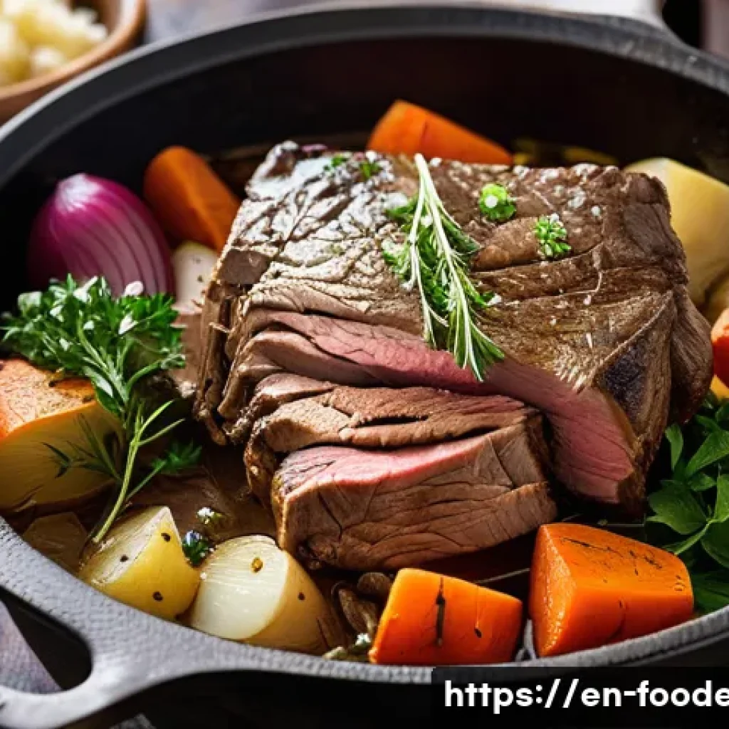 식품의 가수분해 반응 - A rustic kitchen scene showcasing a slow-cooked beef pot roast in a heavy cast iron Dutch oven, surr...