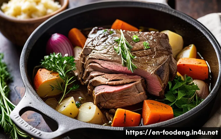 식품의 가수분해 반응 - A rustic kitchen scene showcasing a slow-cooked beef pot roast in a heavy cast iron Dutch oven, surr...