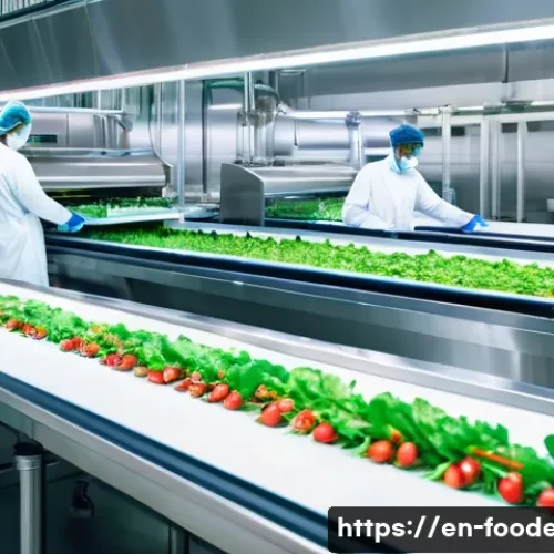 Home 33 식품 유해물질 제거 기술 - A modern commercial food processing facility showcasing enzymatic washing technology: rows of fresh ...