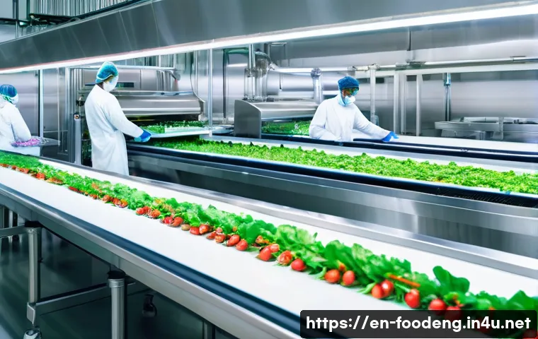 식품 유해물질 제거 기술 - A modern commercial food processing facility showcasing enzymatic washing technology: rows of fresh ...