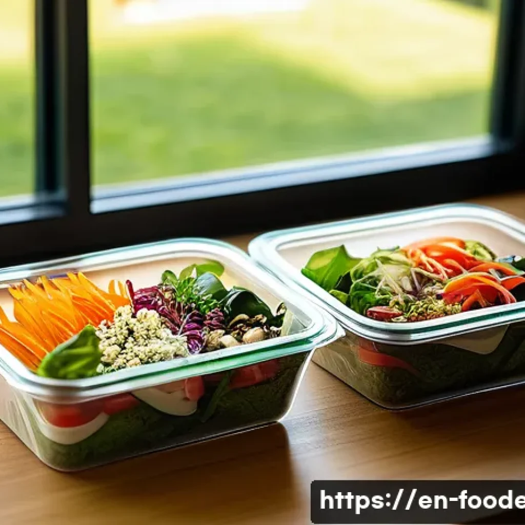 식품 포장재의 친환경 기술 - A modern eco-friendly caf&eacute; setting showcasing clear PLA-based takeout containers filled with colorfu...