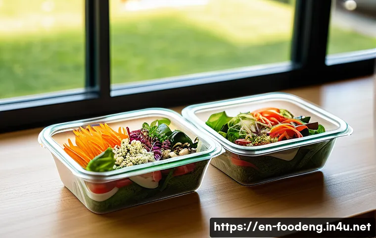 식품 포장재의 친환경 기술 - A modern eco-friendly café setting showcasing clear PLA-based takeout containers filled with colorfu...