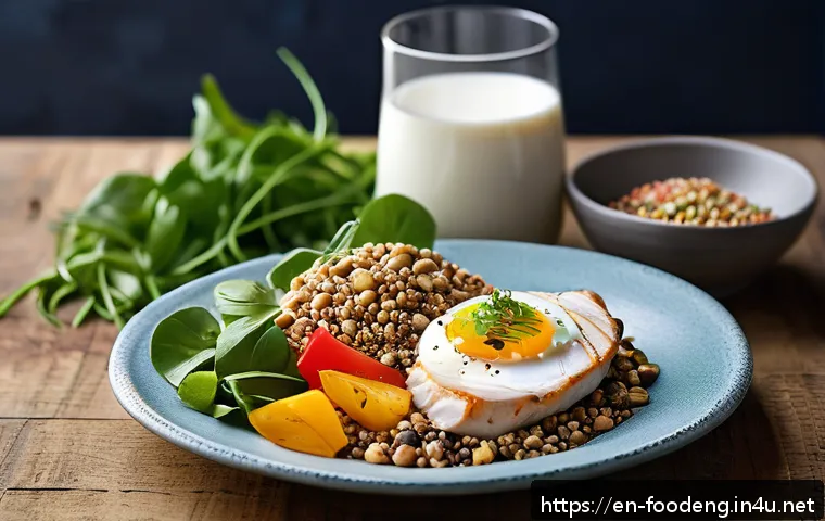 식품 단백질 기능성 - A vibrant and detailed still-life composition of a diverse array of protein-rich foods arranged on a...