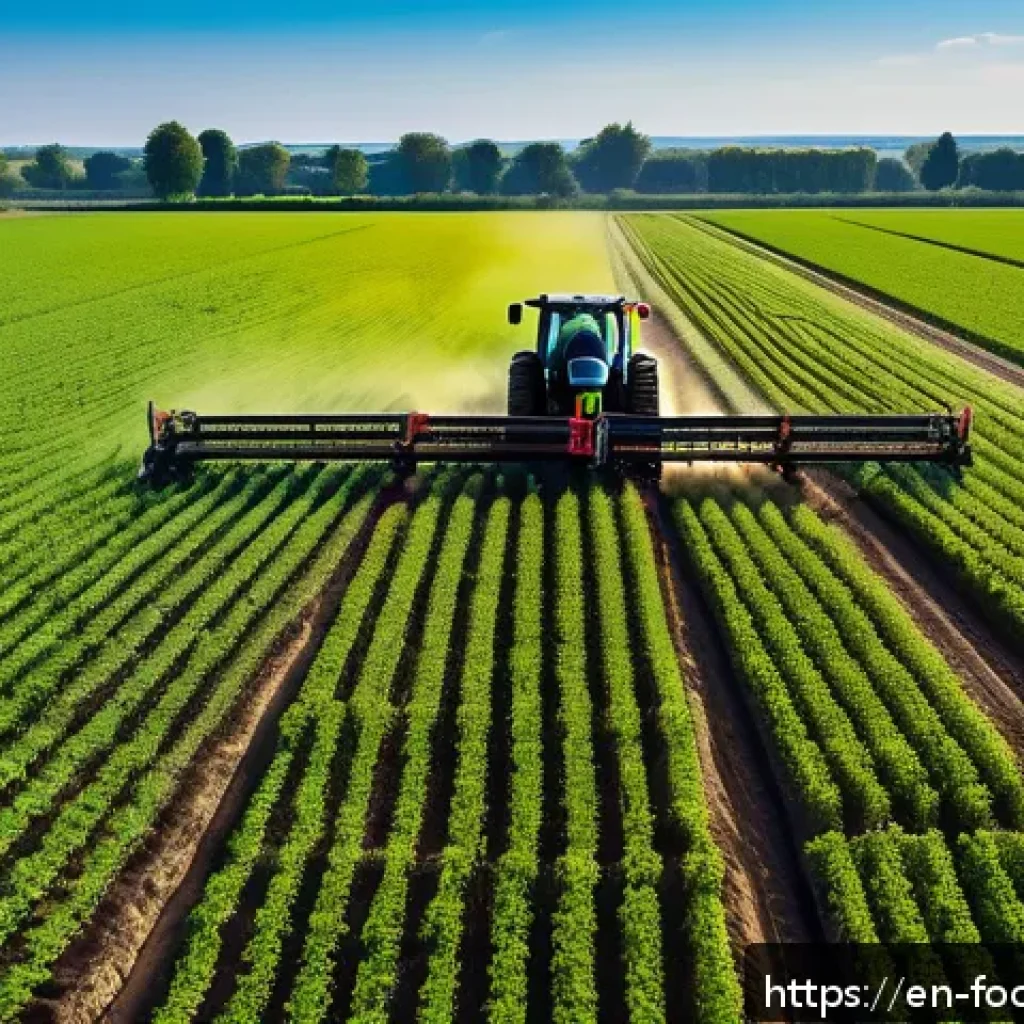 식품과 환경공학 - A high-tech precision farming scene showcasing a vast modern field under a clear blue sky, with GPS-...