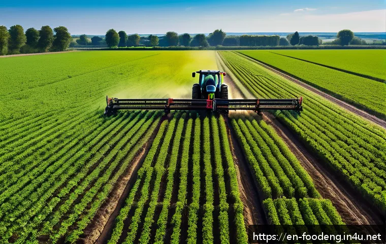 식품과 환경공학 - A high-tech precision farming scene showcasing a vast modern field under a clear blue sky, with GPS-...