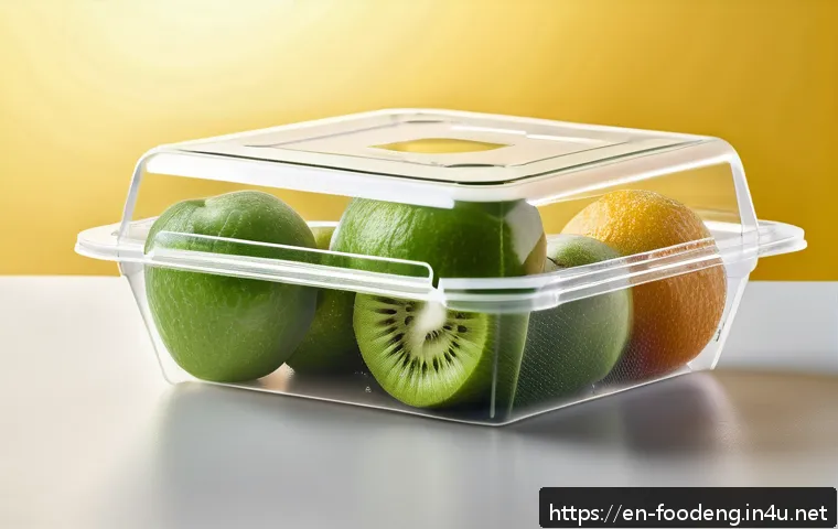 식품 포장에서의 생분해성 소재 개발 - A close-up, hyper-realistic image of a biodegradable food packaging made from polylactic acid (PLA),...