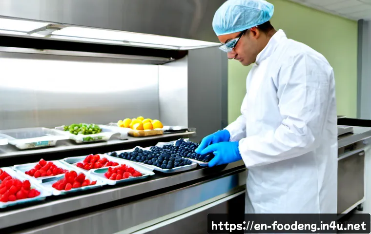 식품 유통기한 연장 기술 - Photorealistic modern food science laboratory, a food technologist in clean white protective clothin...
