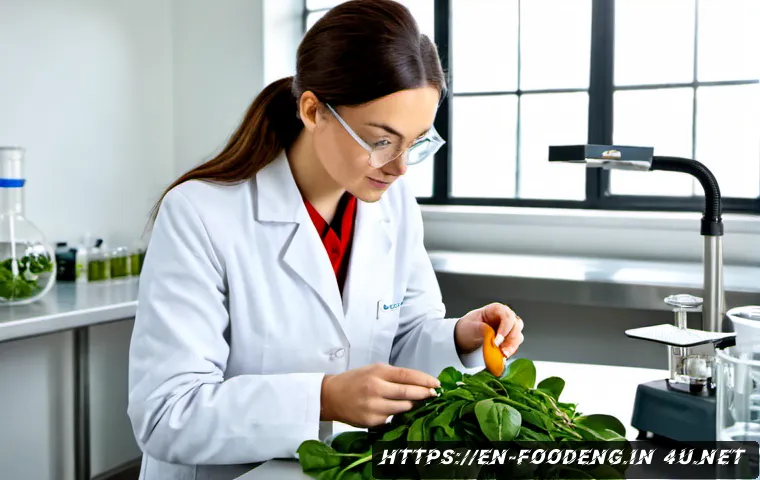 Home 17 식품에서의 비타민 합성 연구 - Photorealistic food science laboratory scene, a female researcher in a clean white lab coat and safe...