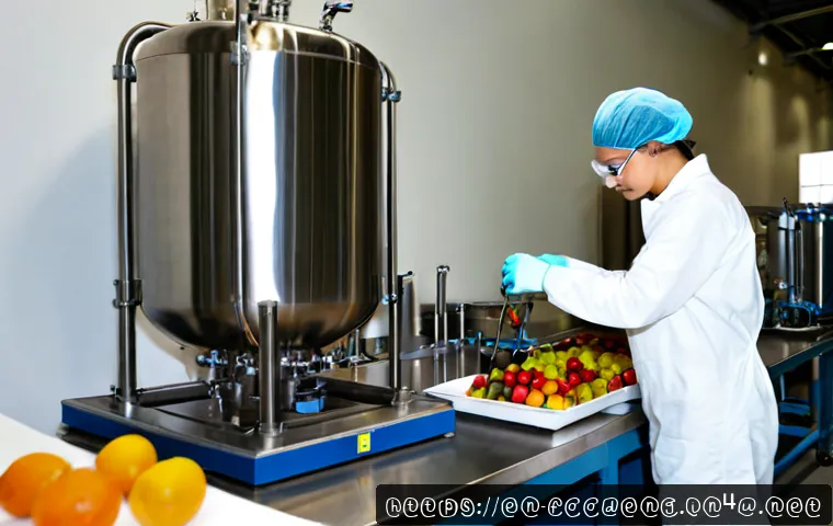 고압 처리식품 공정 - Photorealistic high-pressure food processing facility, stainless steel pressure vessel with a sealed...