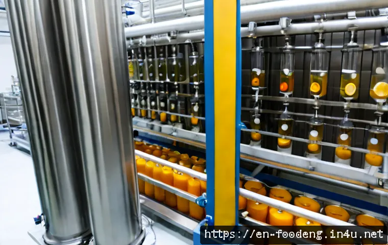 식품 공정에서의 다공성 소재 활용 - Photorealistic food-processing filtration line in a clean modern factory, close-up of large stainles...