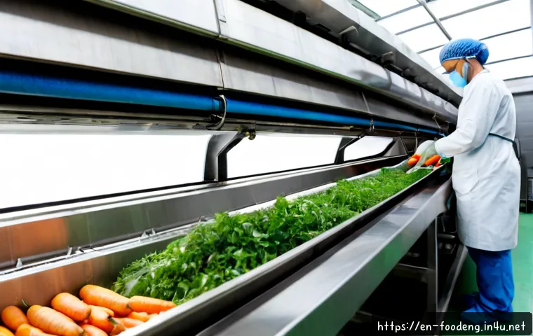 Home 17 식품의 친환경 가공 기술 - Photorealistic modern sustainable food processing facility, close view of a stainless-steel conveyor...