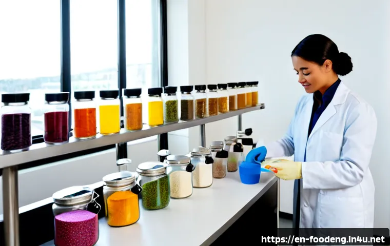식품 소재 개발 - Photorealistic food ingredient development laboratory, diverse food scientists in clean white lab co...