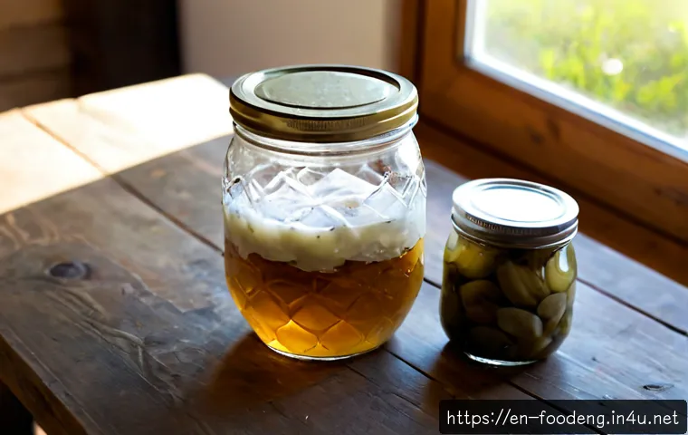 발효식품과 미생물 - Photorealistic farmhouse kitchen still life of fermented foods on a sunlit wooden table: a clear gla...